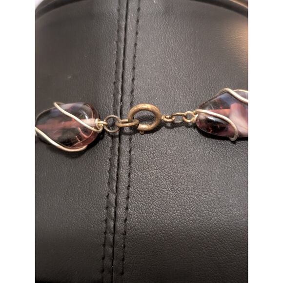 VTG Purple Wire Wrapped Glass Bead & Pink AB Crystal Bead Silver Tone Necklace - Picture 6 of 7